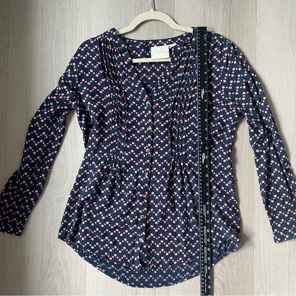 Anthropologie Maeve Woman Medium Navy Button Up Blouse Pink Polka Dots Business - Picture 12 of 14